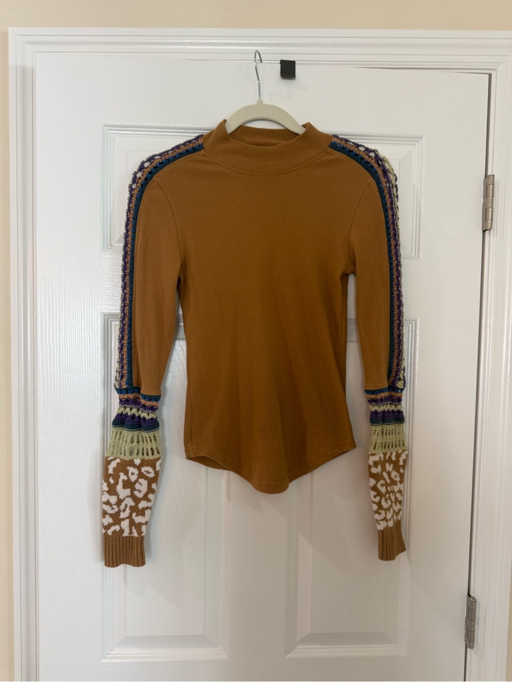 Free People Mustard Brown Long-Sleeve Top with Multicolor Crochet Sleeves